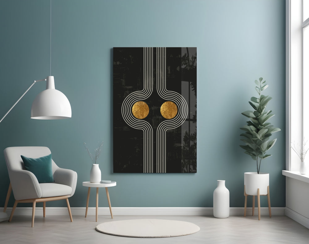 Two Dots glass wall art styled above a desk in an office