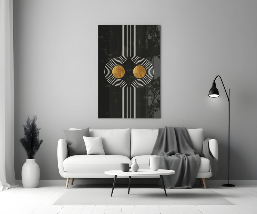 Two Dots close-up showing symmetric pinstripe curves cradling two gold circles