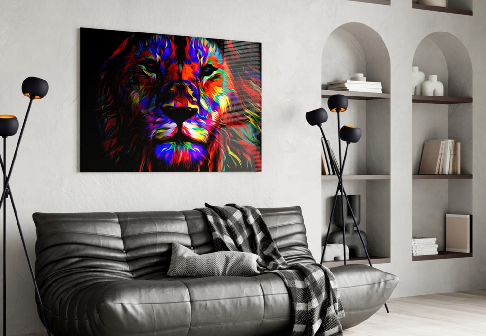 Lion glass wall art styled above a leather chair in a man cave