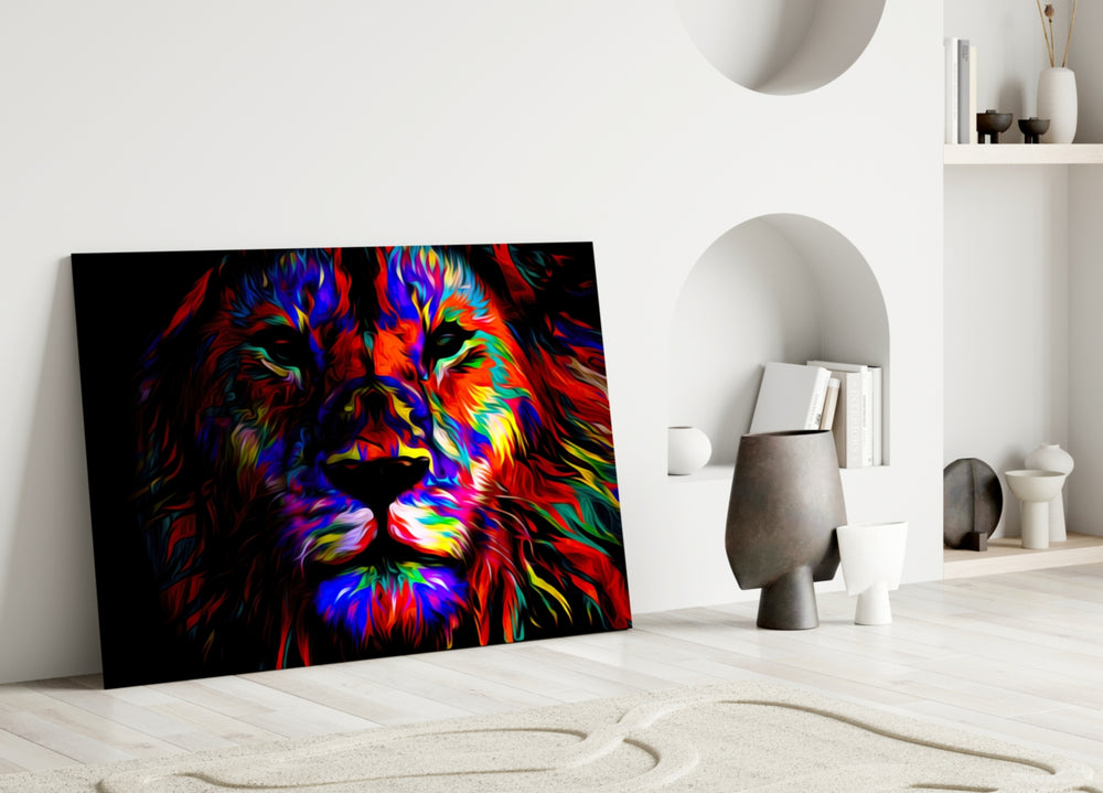 Lion close-up showing painterly mane in magenta cobalt marigold and emerald