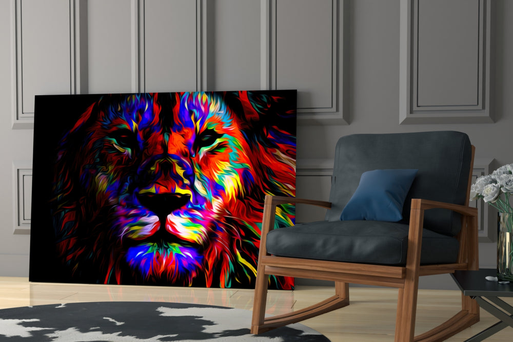 Lion glass print enhancing a teen lounge with cinematic mood