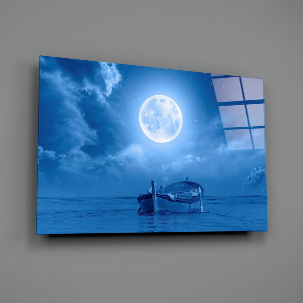 Moonlit-seascape panel bringing dreamy depth to a contemporary bedroom