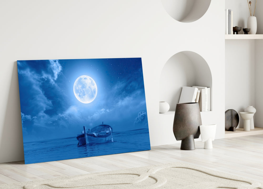 Moon and Boat close-up showing wooden boat under glowing full moon and azure clouds