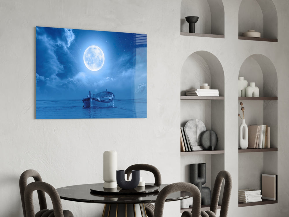 Moon and Boat panel adding editorial calm to a bathroom