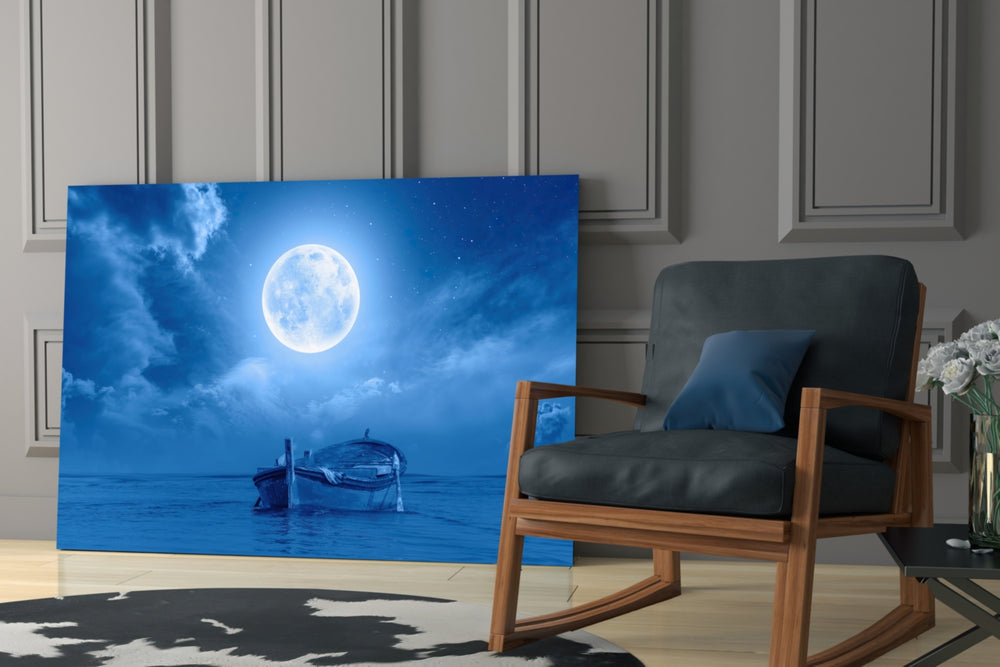 Moon and Boat glass print enhancing a hallway with cinematic warmth