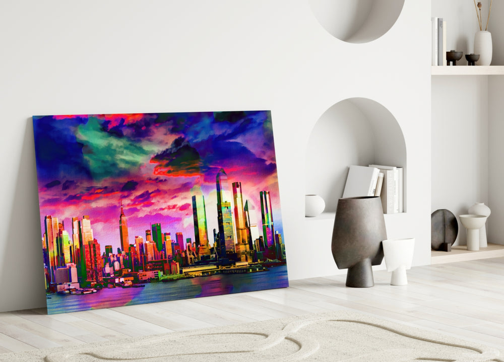 Colorful Silhouette of the City close-up showing neon Manhattan skyline against violet clouds
