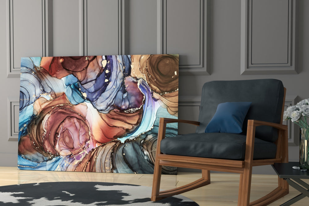 Marble glass print enhancing a living room with cinematic warmth