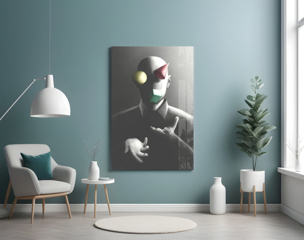 Juggler glass wall art styled above a desk in an office