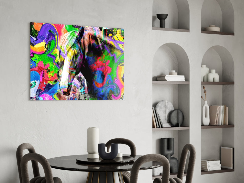 Colored Horse panel adding editorial drama to a teen lounge