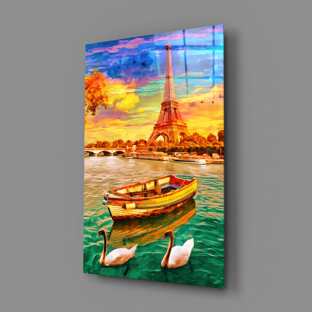 Painterly-cityscape panel bringing dreamy saturation to a contemporary dining room