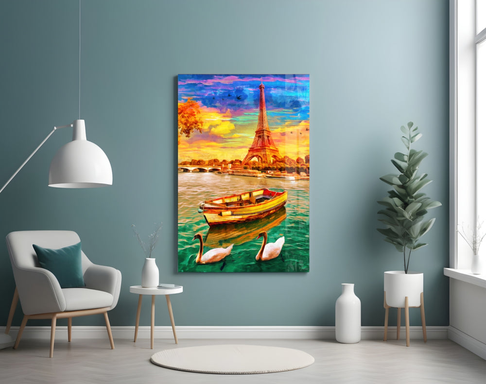 Eiffel and Boat glass wall art styled above a sideboard in a dining room