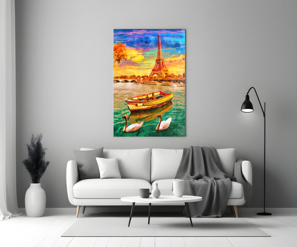 Eiffel and Boat close-up showing Paris Eiffel sunset with rowboat and swans on Seine
