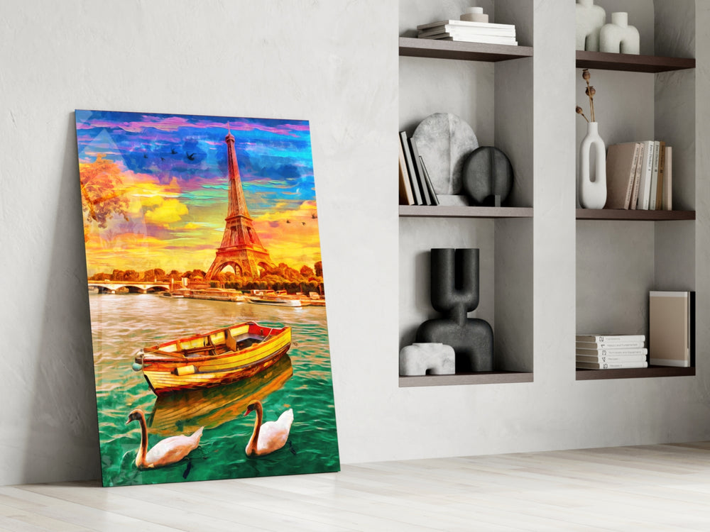 Eiffel and Boat glass print enhancing a bedroom with cinematic warmth