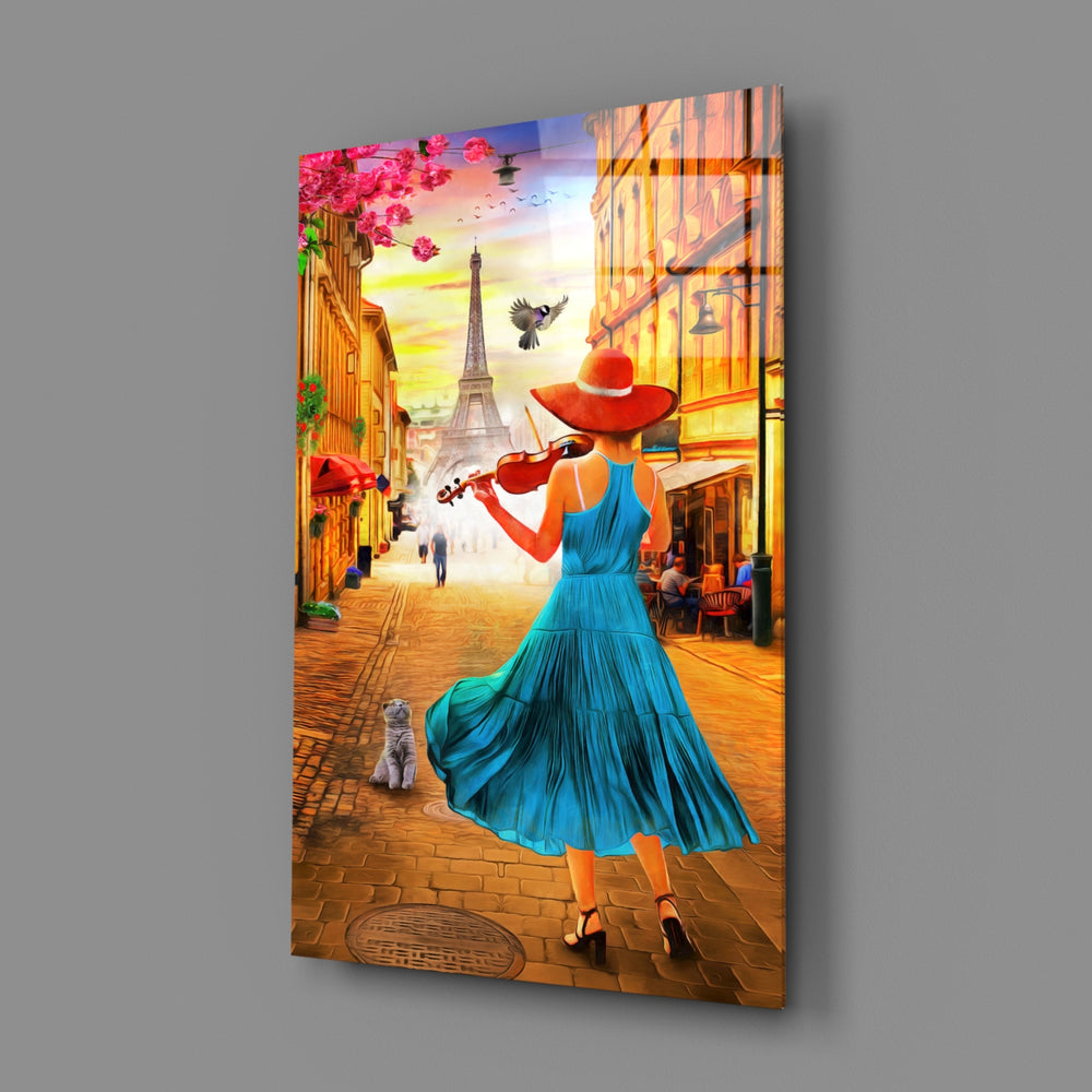 Painterly-cityscape panel bringing romantic warmth to a contemporary bedroom