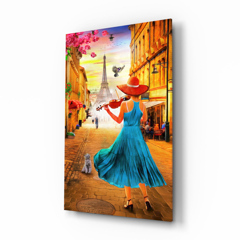 Eiffel and Music glass wall art displayed above a linen bed in a soft-blush bedroom with rattan nightstands and brushed-brass sconces