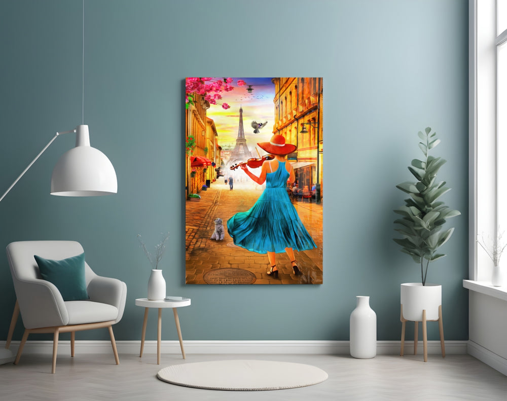 Eiffel and Music glass wall art styled above a bed in a bedroom