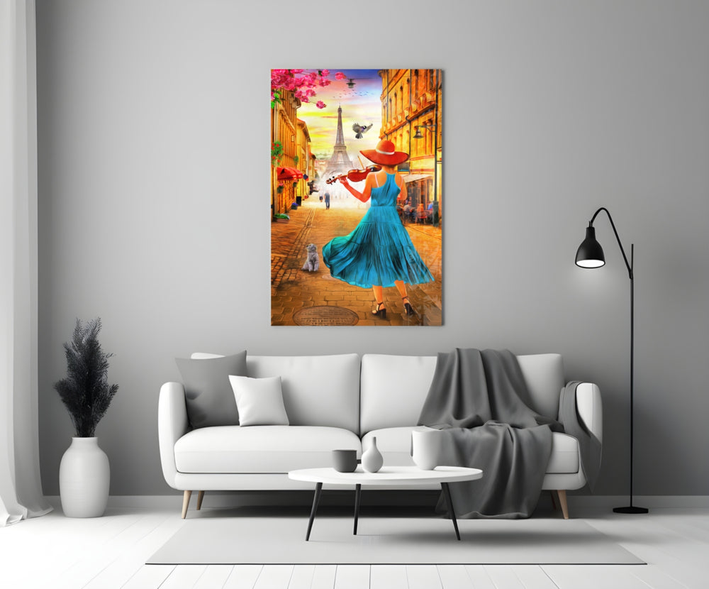 Eiffel and Music close-up showing violinist in turquoise dress on Paris cobblestone street