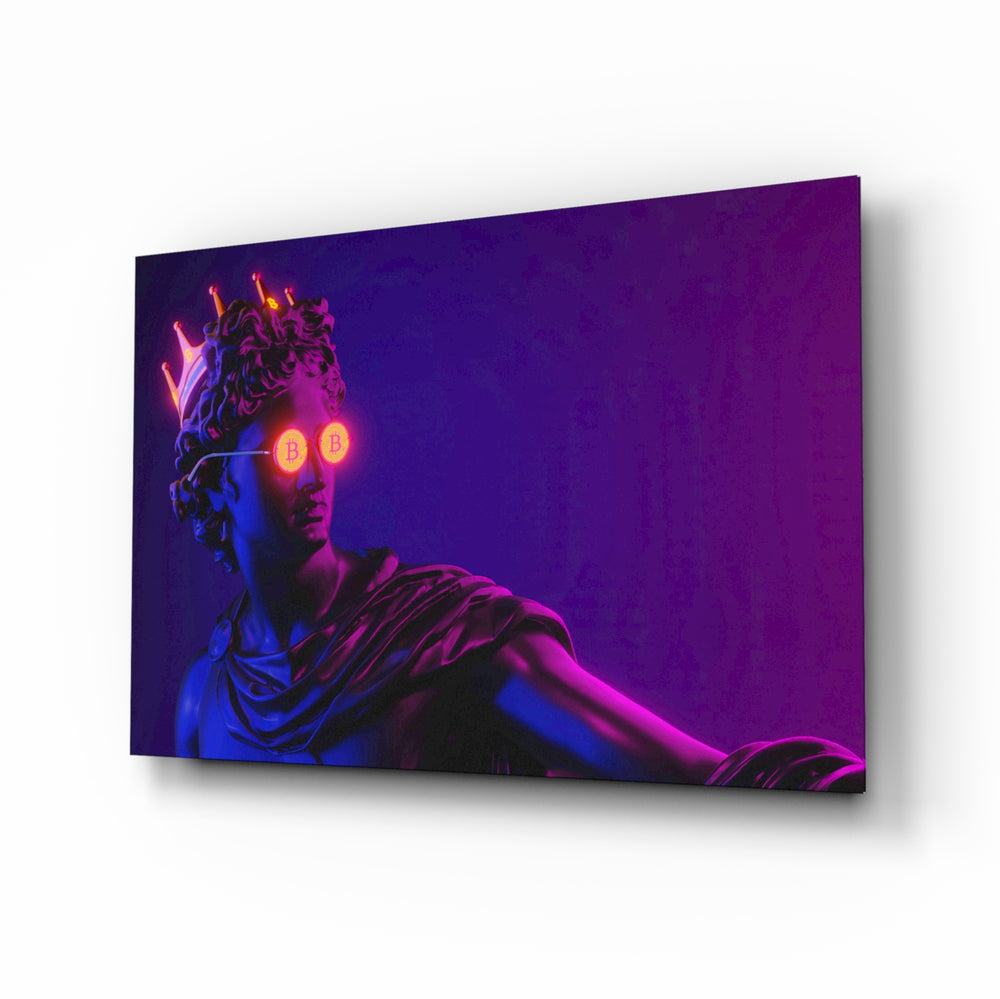 Cool Statue glass wall art displayed above a black gaming sofa in a slate-walled lounge with neon arcade sign and matte-black coffee table
