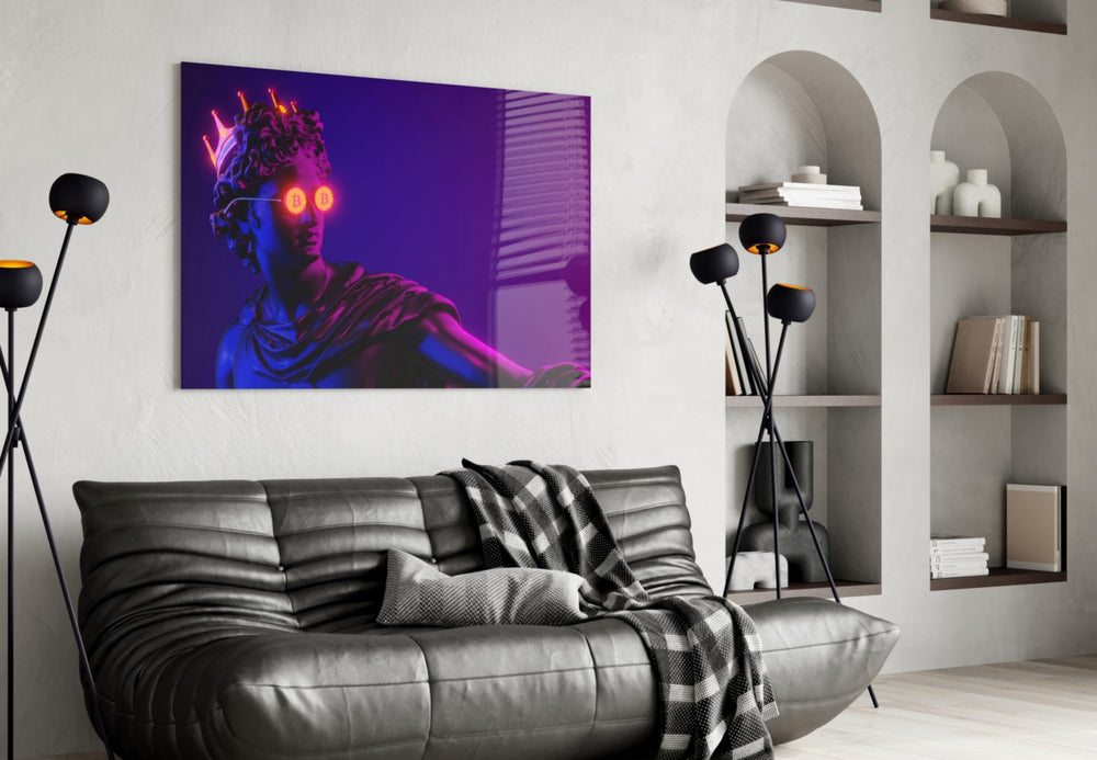 Cool Statue glass wall art styled above a desk in an office