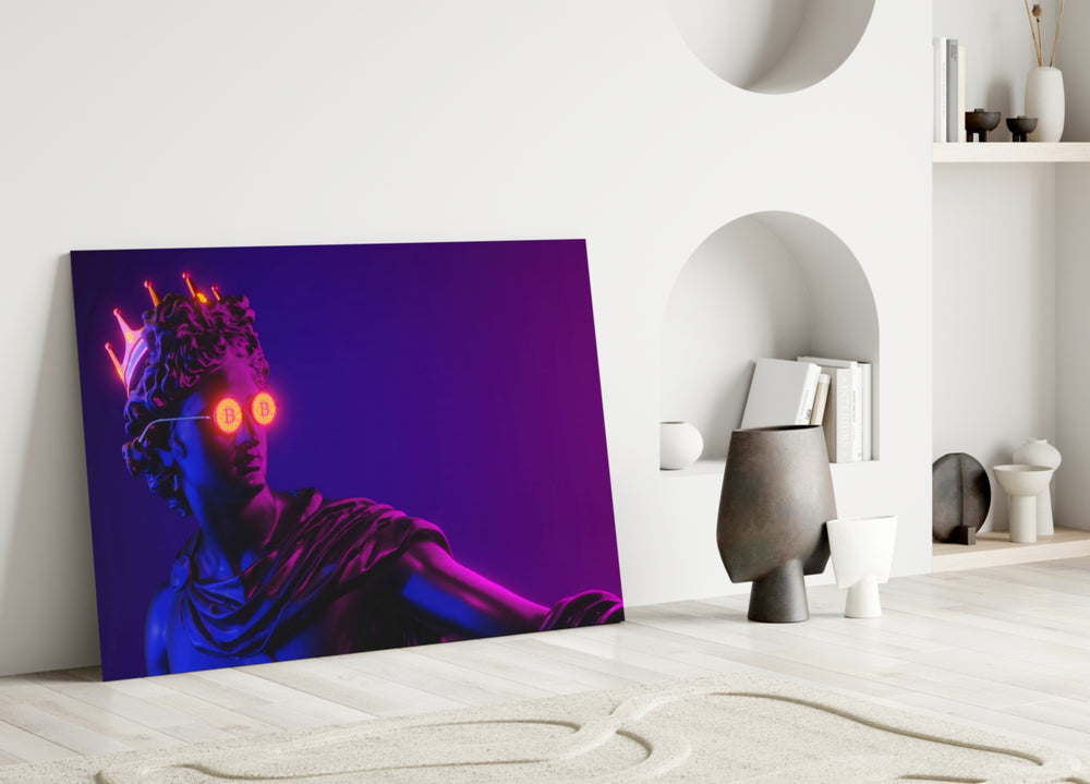Cool Statue close-up showing Apollo bust with neon Bitcoin glasses and crown