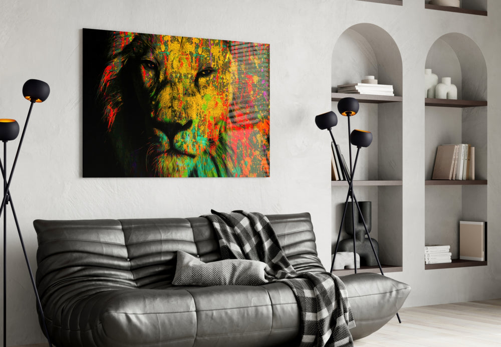 Eye of the Lion glass wall art styled above a desk in a kids room