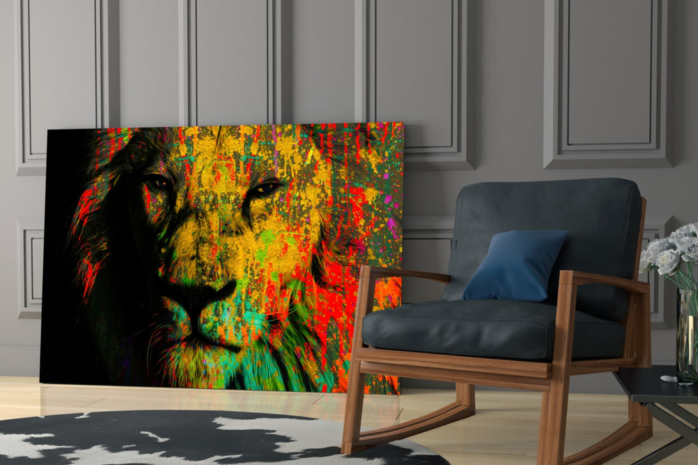 Eye of the Lion glass print enhancing a man cave with cinematic mood