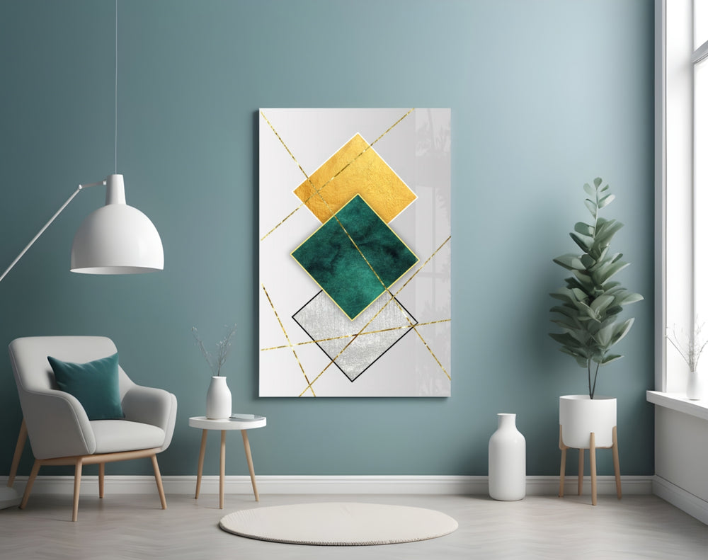 Squares glass wall art styled above a sideboard in a dining room