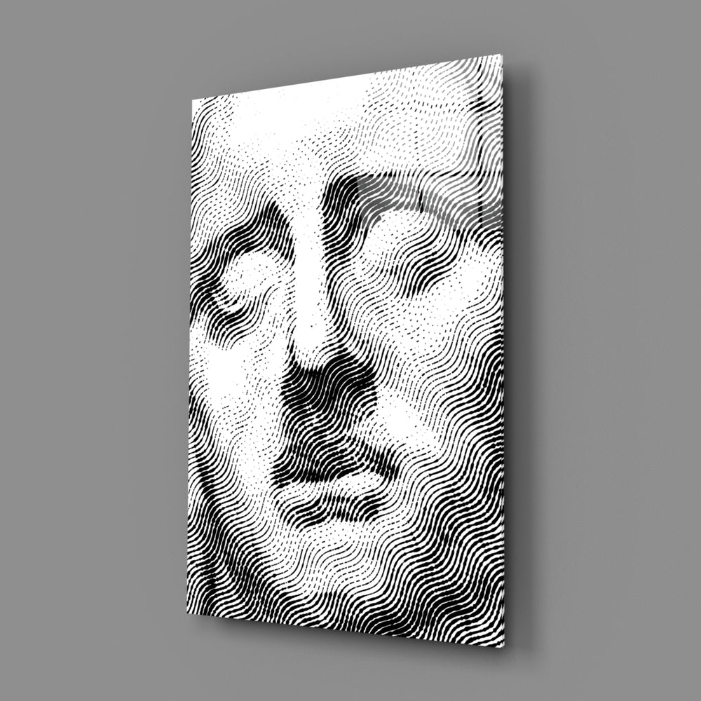 Linear-portrait panel bringing conceptual gravity to a contemporary lounge