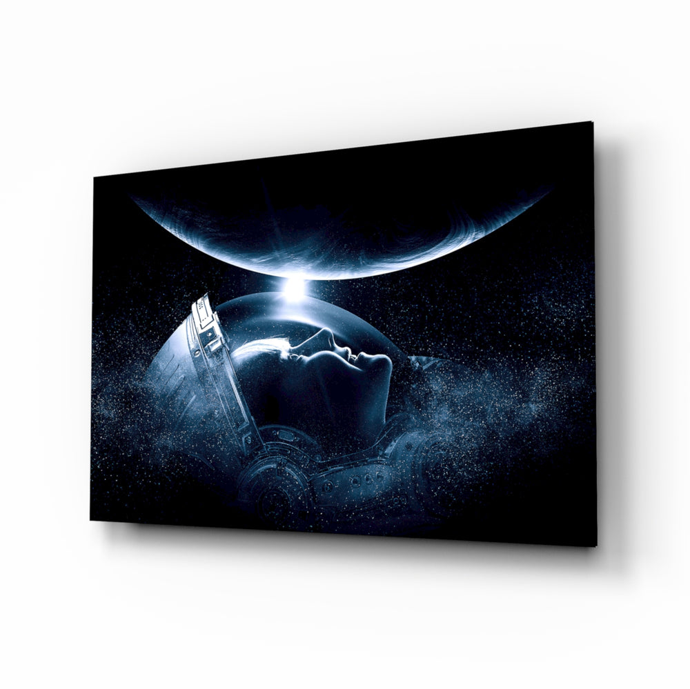 Astronauts Look glass wall art displayed above a black gaming sofa in a slate-walled lounge with neon arcade sign and matte-black coffee table