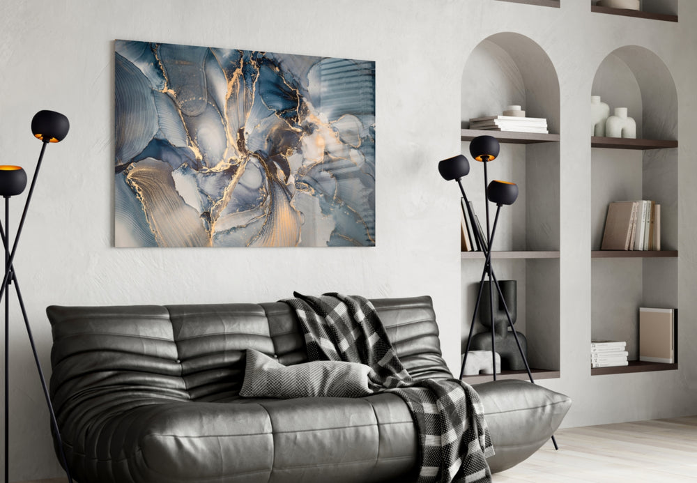 Marble glass wall art styled above a bed in a bedroom