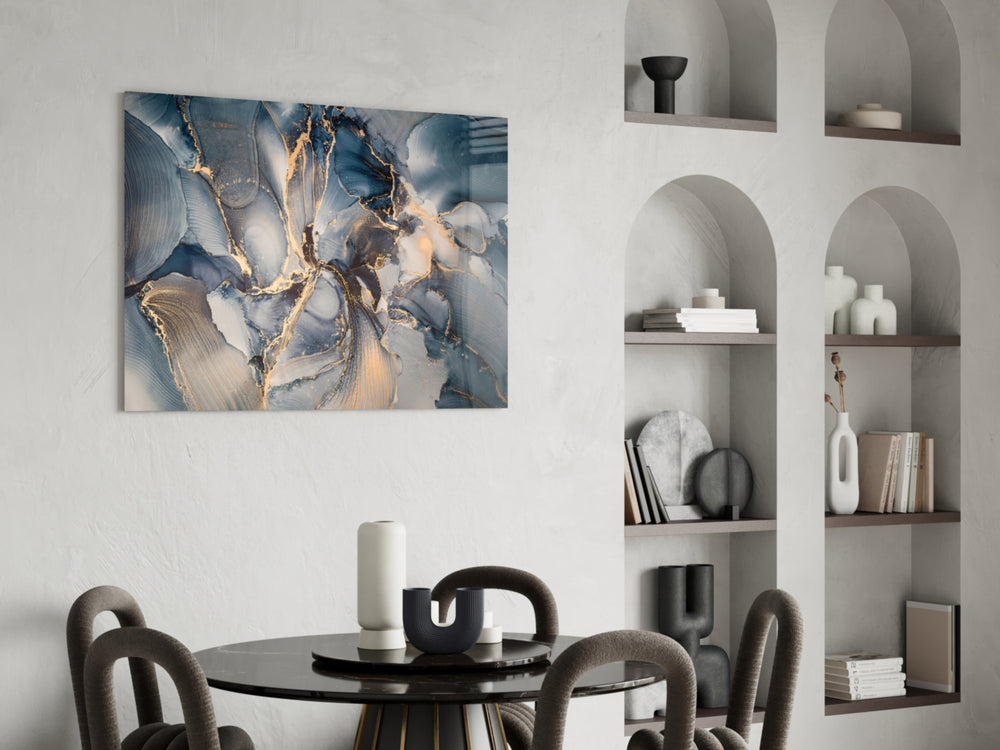 Marble panel adding editorial calm to a dining room