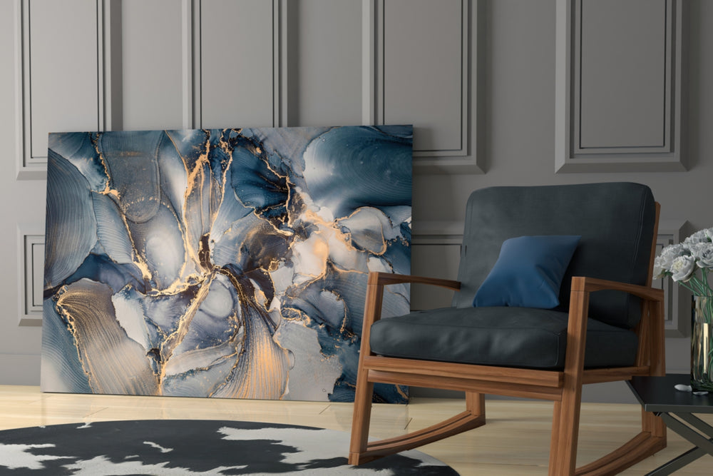 Marble glass print enhancing a bathroom with cinematic warmth
