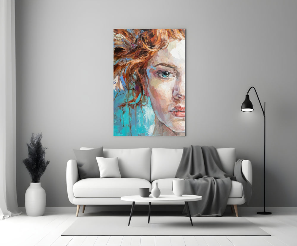 Woman close-up showing copper-haired woman in teal and amber brushstrokes