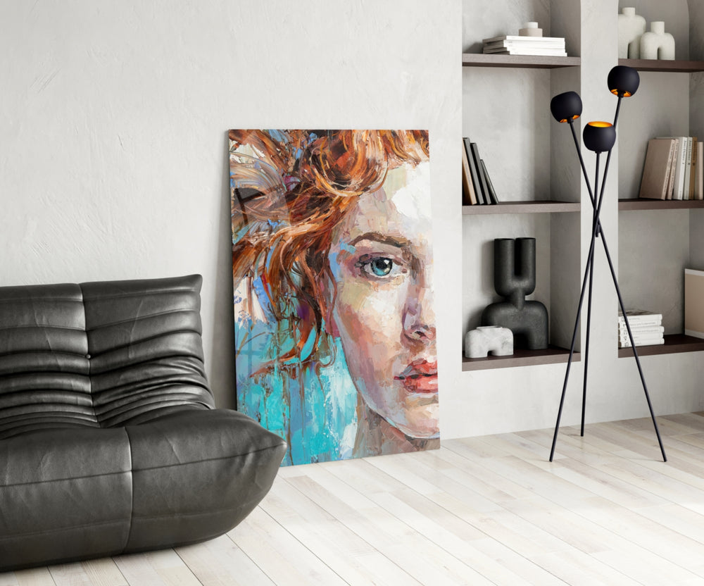 Woman panel adding editorial mood to a living room