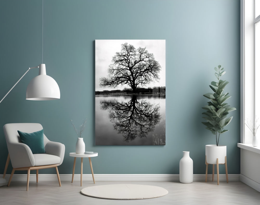 Tree glass wall art styled above a bed in a bedroom