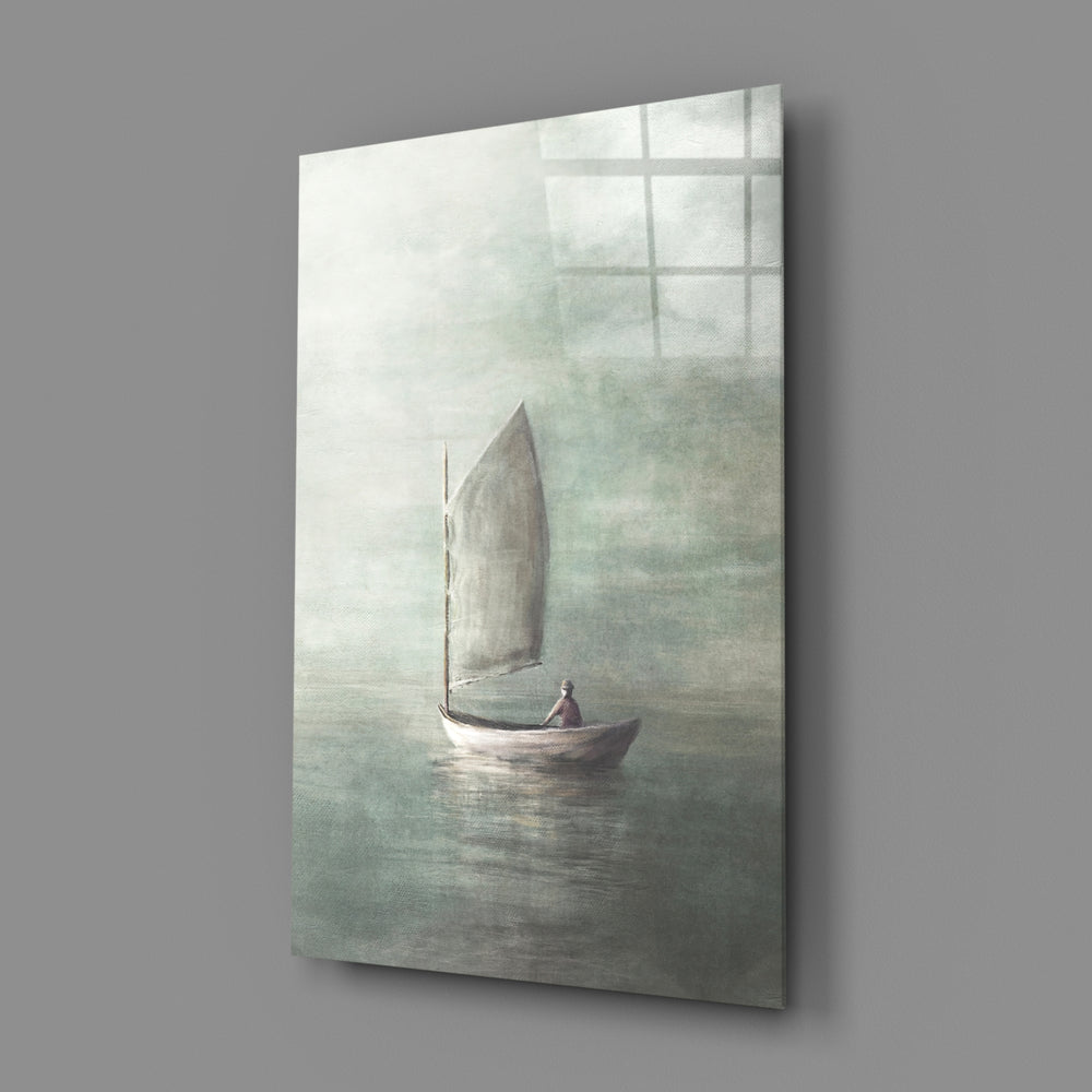 Painterly-seascape panel bringing serene gravity to a contemporary bedroom