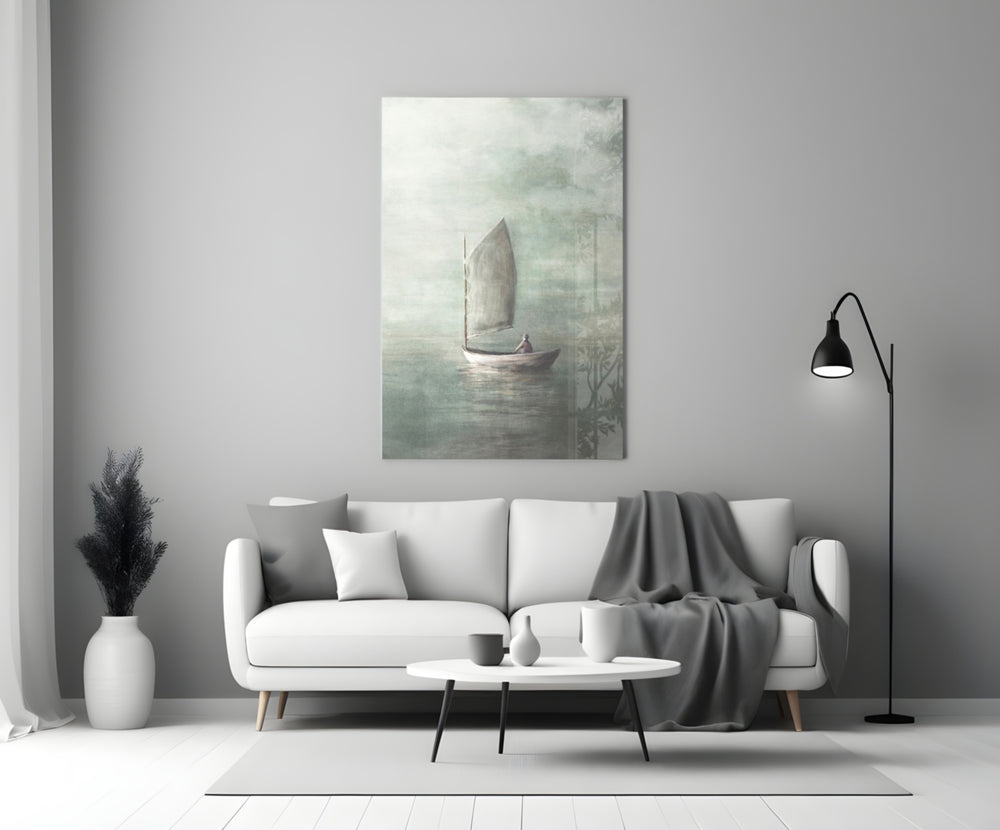 Loneliness close-up showing wooden sailboat with lone figure on misty sage water