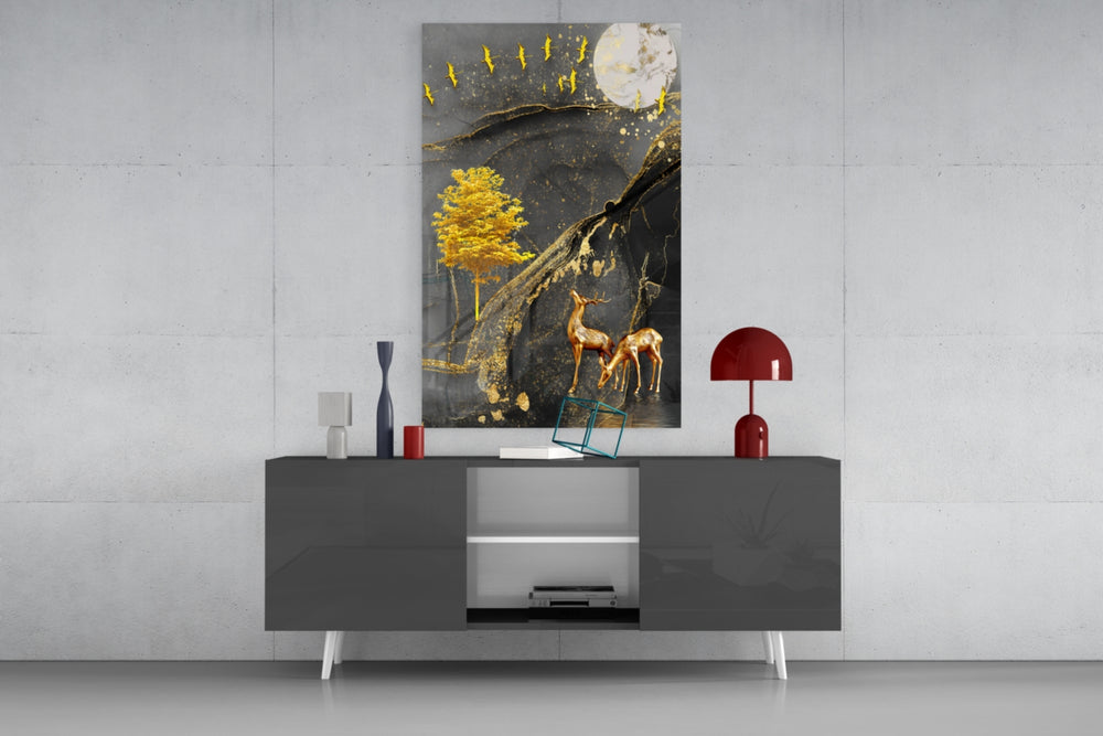 Golden Tree and Gazelles panel catching low light to reveal its luxe gravity