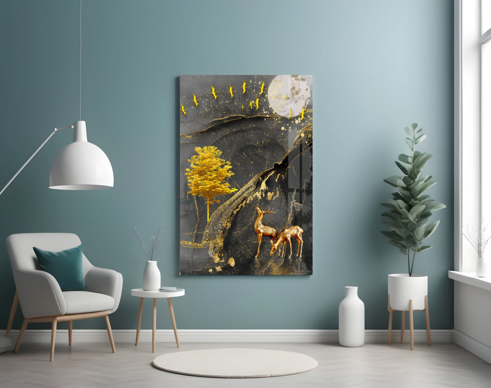 Golden Tree and Gazelles glass wall art styled above a sideboard in a dining room
