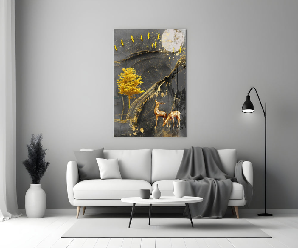 Golden Tree and Gazelles close-up showing gold deer and tree under marbled moon