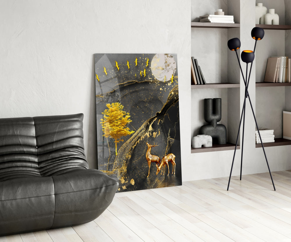 Golden Tree and Gazelles panel adding editorial drama to a hallway