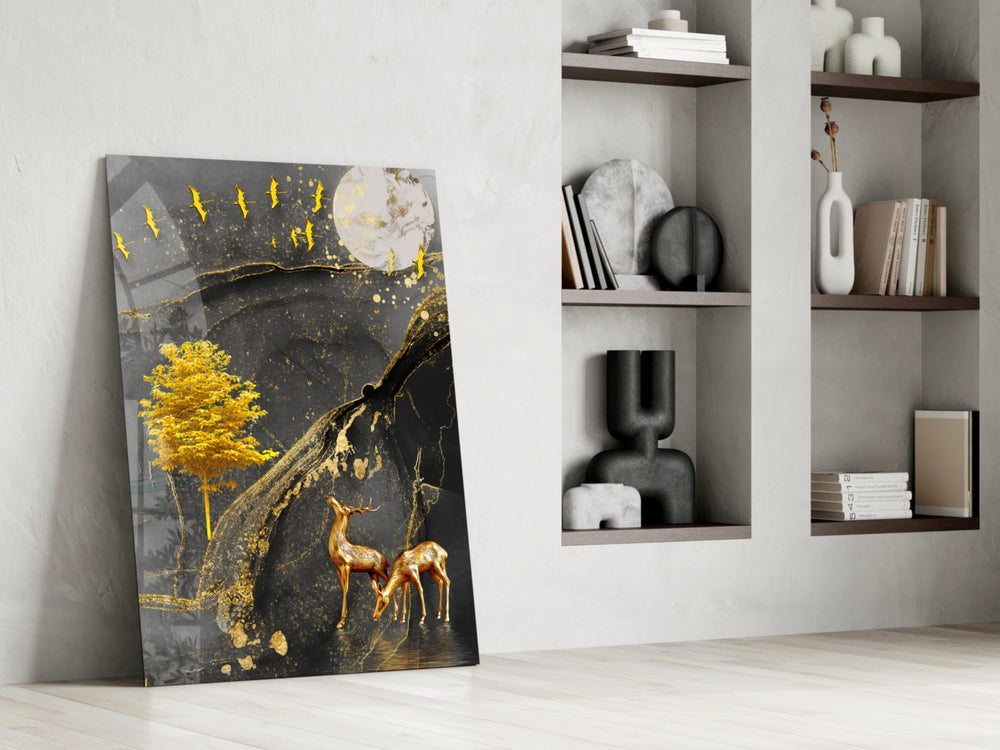 Golden Tree and Gazelles glass print enhancing a living room with cinematic warmth