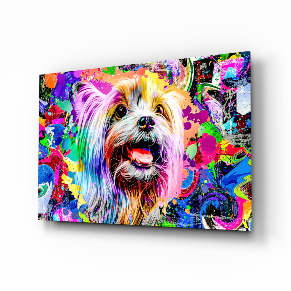 Happy Puppy glass wall art displayed above a black gaming sofa in a brick-walled lounge with neon arcade sign and matte-black coffee table