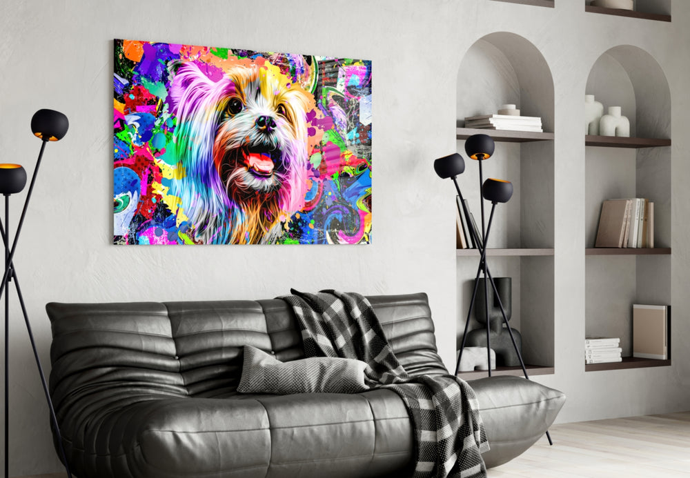 Happy Puppy glass wall art styled above a desk in a kids room