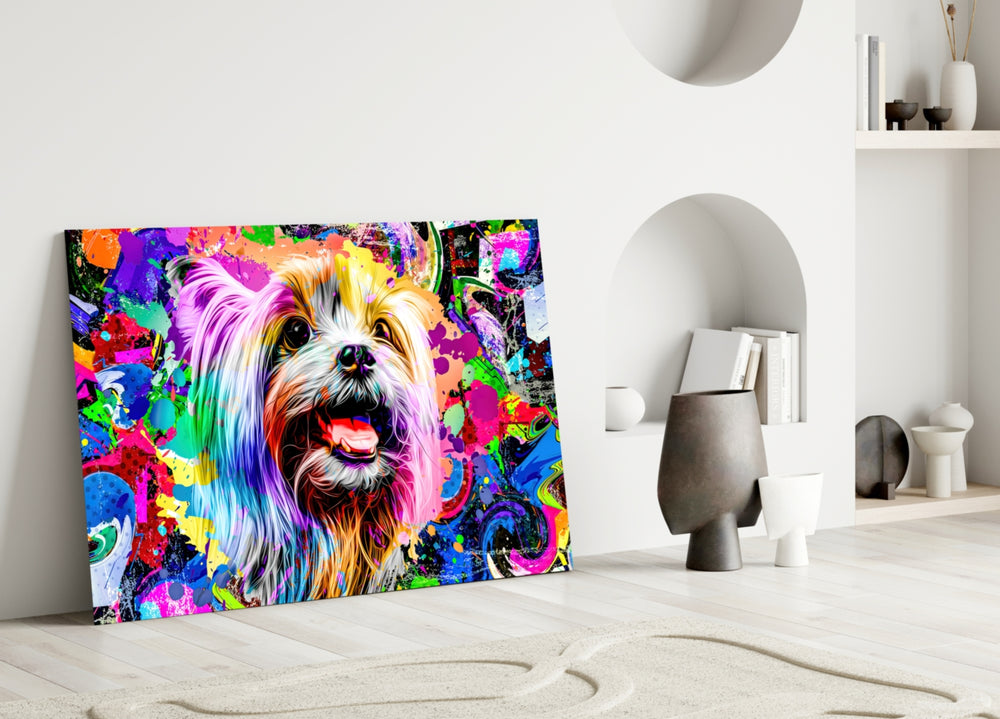 Happy Puppy close-up showing Yorkshire terrier amid neon splatter swirls