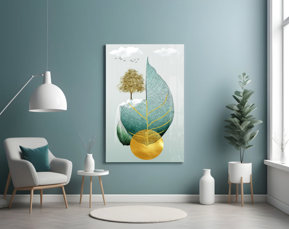 Tree on a Leaf glass wall art styled above a bed in a bedroom