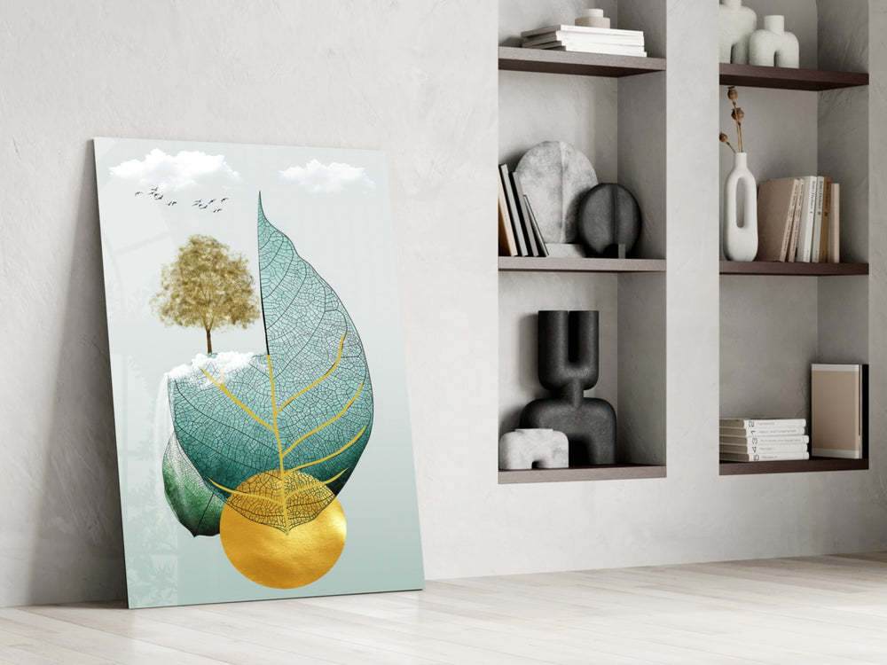 Tree on a Leaf glass print enhancing a living room with cinematic warmth