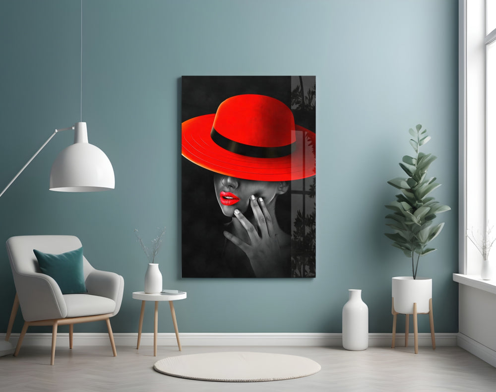 Scarlet Hat glass wall art styled above a bed in a bedroom