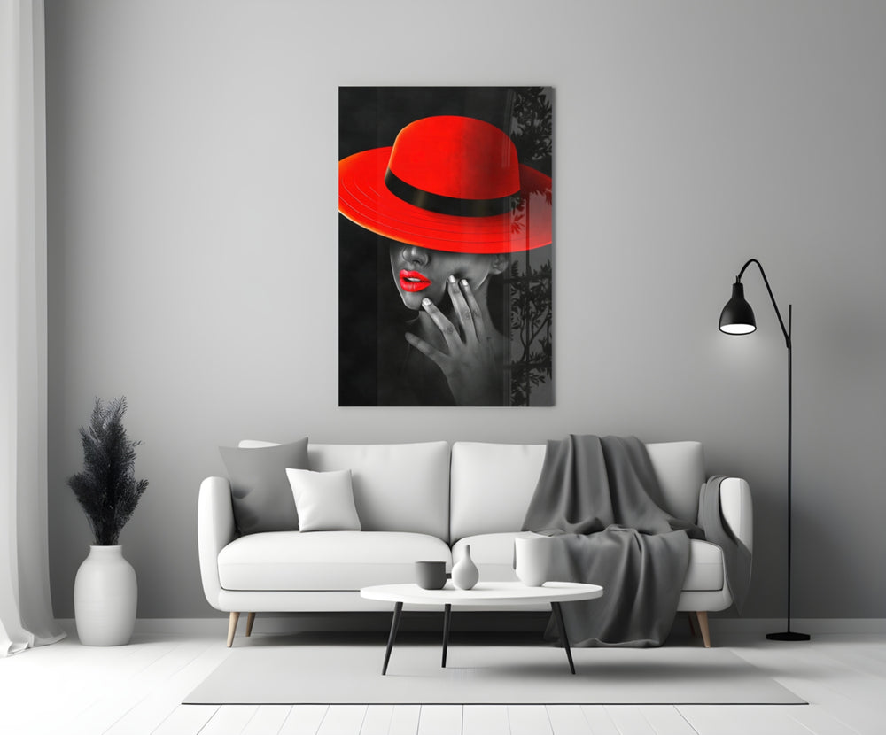 Scarlet Hat close-up showing woman in wide-brim red hat with crimson lips