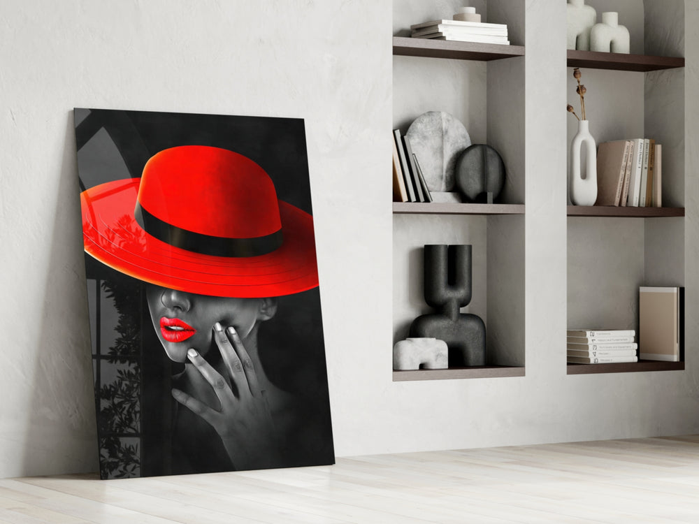 Scarlet Hat glass print enhancing a hallway with cinematic warmth
